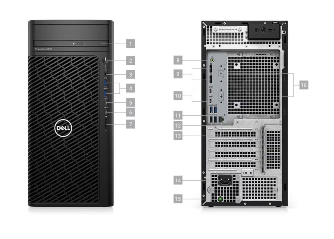 Dell Precision 3660 Tower,Intel Core i9-13900K(36MB Cache, 24Core(8+16),3.0GHz/5.8GHz),64GB(4x16)4000MHz DDR5,2TB(M.2)PCIe SSD,2x4TB(3.5