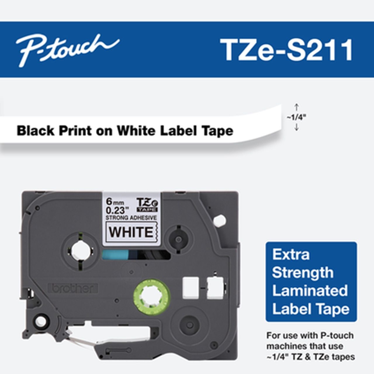 Brother TZES211 Banda laminata puternic adeziva 6 mm BLACK ON WHITE_2