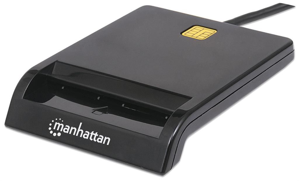 Manhattan USB-A Contact Smart Card Reader, 12 Mbps, Friction type compatible, External, Windows or Mac, Cable 105cm, Black, Three Year Warranty, Blister_1