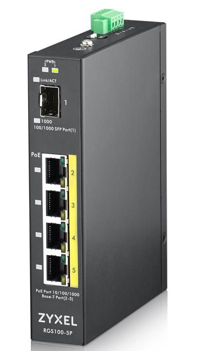 ZYXEL RGS100-5P-ZZ0101F Zyxel RGS100-5P Industrial Switch 4x GbE+1x SFP, PoE DIN rail/Wall mount, IP30