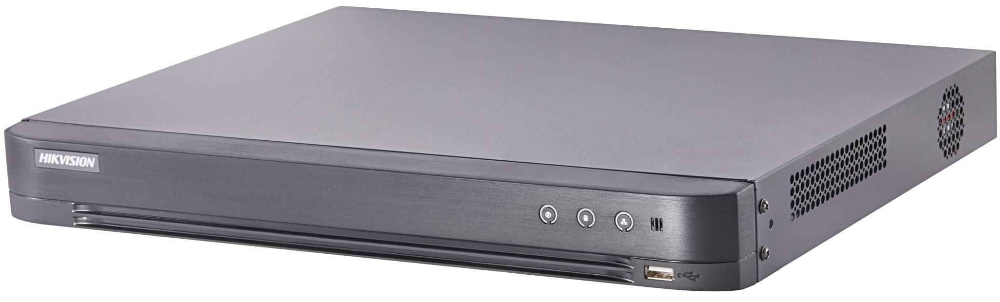 DVR Hikvision Turbo HD 4.0, DS-7204HUHI-K1/P; 5MP; 4 Channel; H265 +;H265;H264+;H264, 4-ch video and 4-ch audio input, 2-ch IP up to 6MP resolution input, 5MP @ 12fps/ch; 4MP @15 fps/ch, built-in PoC, 1 SATA interface, Connectable to Turbo HD/HDCVI/AHD/CVBS signal input, HDMI/VGA and CVBS Output, 2*_1