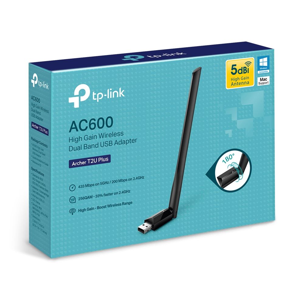 Tp-link AC600 High Gain Wireless Dual Band USB Adapter, ARCHER T2U PLUS; USB 2.0; 5dBi Antenna; Wireless Standards: IEEE 802.11b/g/n 2.4 GHz, IEEE 802.11a/n/ac 5GHz; Wireless Speeds: 600 Mbps (200 Mbps on 2.4GHz, 433 Mbps on 5GHz); Frequency: 2.4GHz, 5GHz;_4
