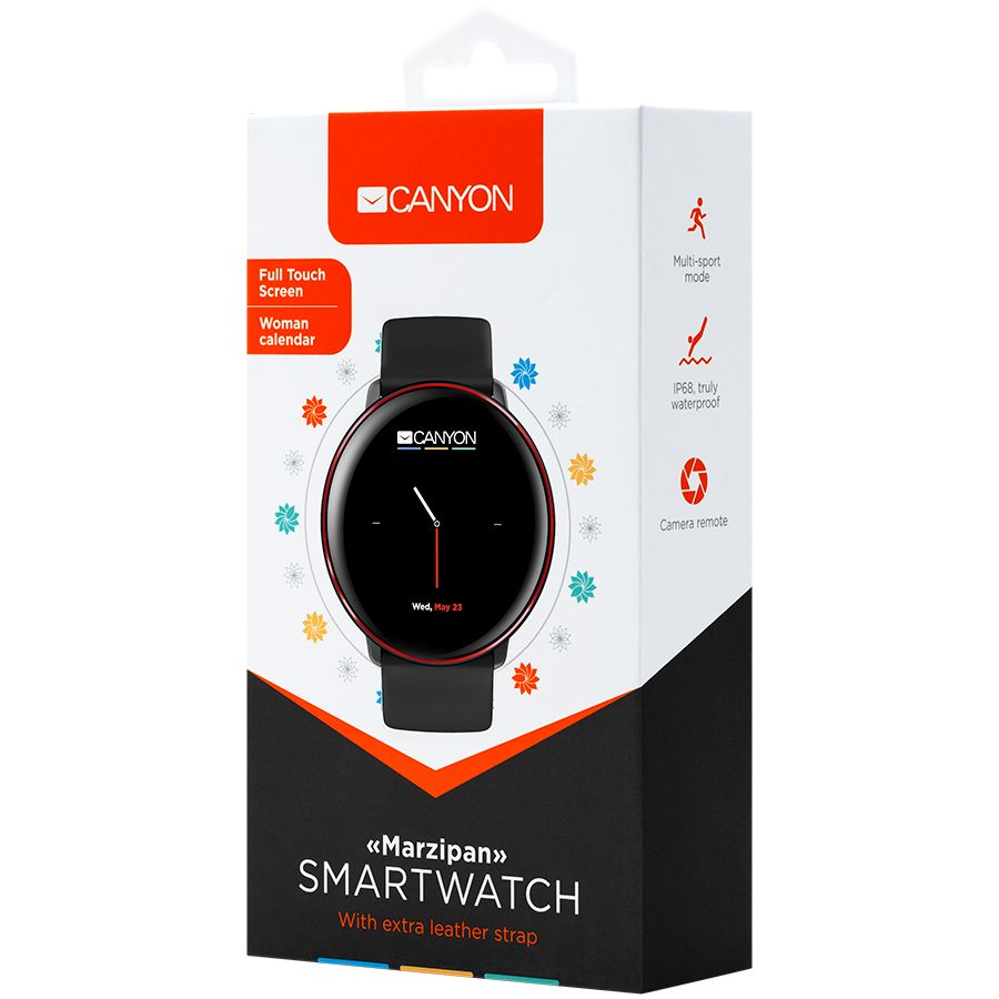 CANYON Marzipan SW-75 Smart watch, 1.22inches IPS full touch screen, aluminium+plastic body,IP68 waterproof, multi-sport mode with swimming mode, compatibility with iOS and android,black-red body with extra black leather belt, Host: 41.5x11.6mm, Strap: 240x20mm, 20.8g_3