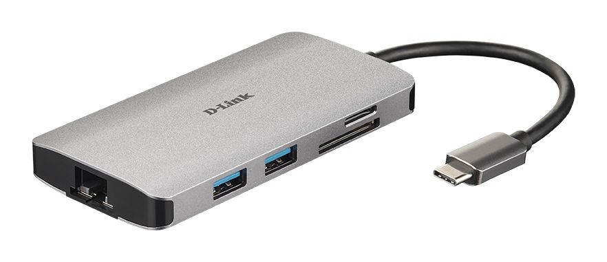 D-Link DUB-M810 8-in-1 USB-C Hub with HDMI/Ethernet/Card Reader/Power Delivery,DUB-M810, x3 SuperSpeed USB 3.0 ports, x1 with Quick Charge (BC 1.2, x1HDMI, x1 USB-C (Thunderbolt 3) port with data sync <(> &<)> powerdelivery upto 100W, Dual-Slot SD/microSD/SDHC/SDXC Card Reader, x1 RJ-45_1
