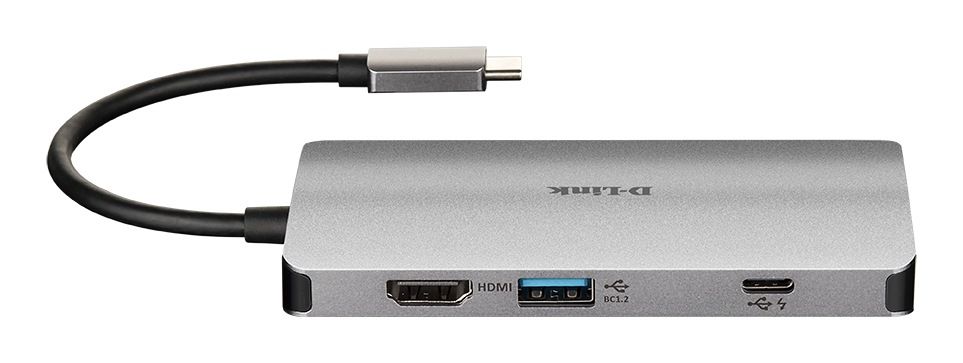 D-Link DUB-M810 8-in-1 USB-C Hub with HDMI/Ethernet/Card Reader/Power Delivery,DUB-M810, x3 SuperSpeed USB 3.0 ports, x1 with Quick Charge (BC 1.2, x1HDMI, x1 USB-C (Thunderbolt 3) port with data sync <(> &<)> powerdelivery upto 100W, Dual-Slot SD/microSD/SDHC/SDXC Card Reader, x1 RJ-45_3