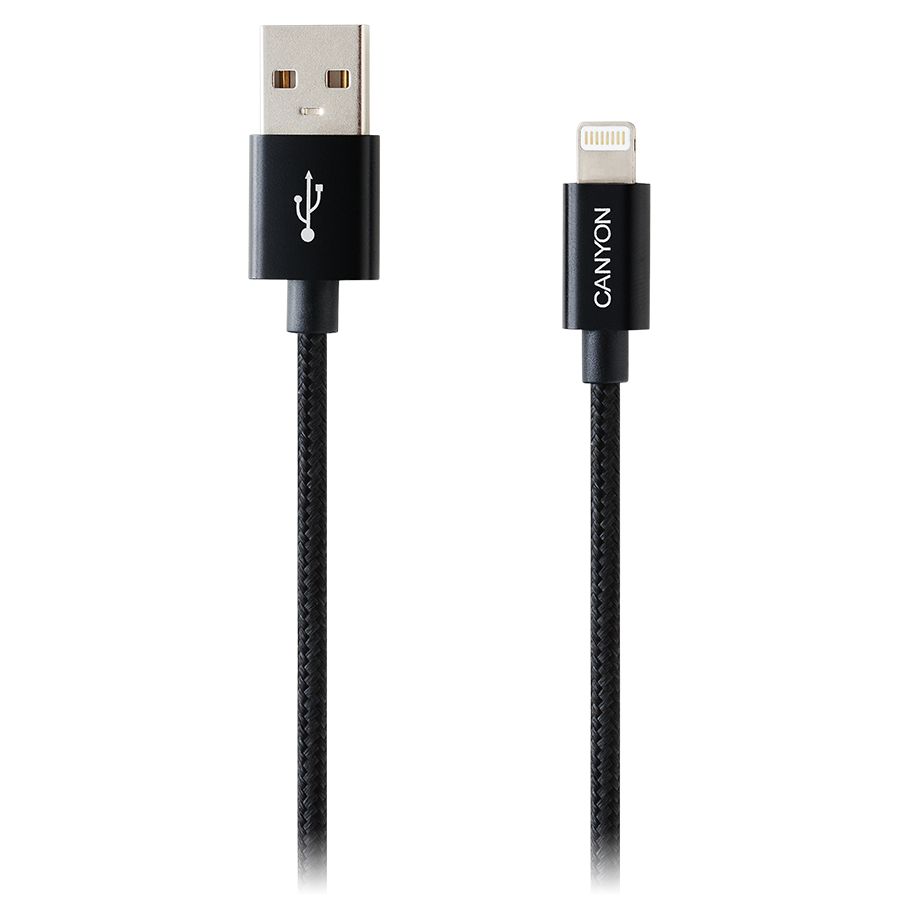 Canyon Lightning USB Cable for Apple, braided, metallic shell, cable length 1m, Black, 14.9*6.8*1000mm, 0.02kg
