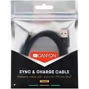Canyon Lightning USB Cable for Apple, braided, metallic shell, cable length 1m, Black, 14.9*6.8*1000mm, 0.02kg