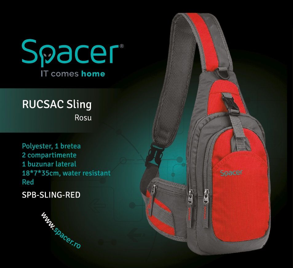 RUCSAC SPACER Sling, nylon,1 bretea, 2 compartimente principale,1 buzunar frontal, 1 buzunar lateral, 35x18x7cm, water resistant, red, 