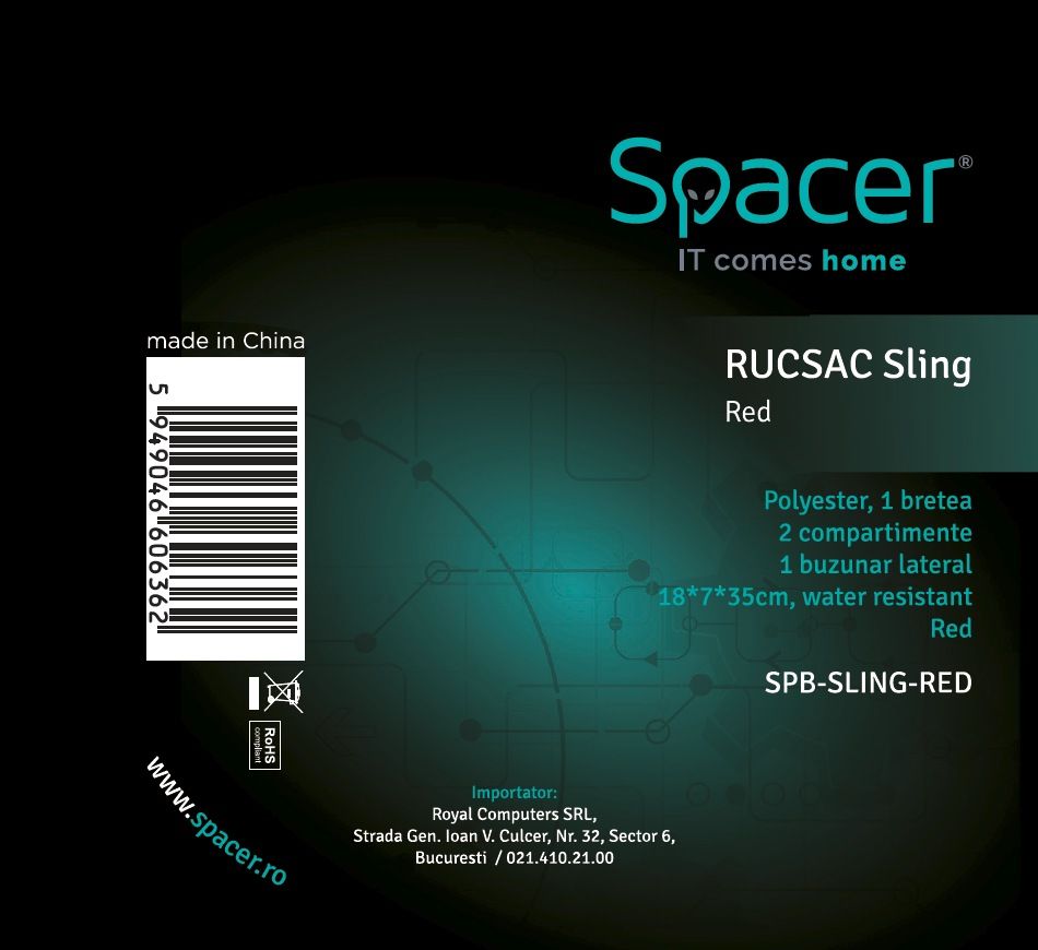 RUCSAC SPACER Sling, nylon,1 bretea, 2 compartimente principale,1 buzunar frontal, 1 buzunar lateral, 35x18x7cm, water resistant, red, 