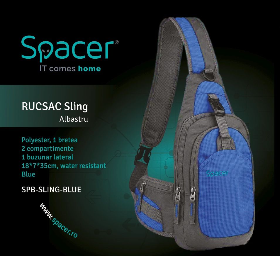 RUCSAC SPACER Sling, nylon,1 bretea, 2 compartimente principale,1 buzunar frontal,1 buzunar lateral, 35x18x7cm, water resistant, blue, 
