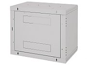 Rack de perete Triton sectiune simpla 12U 600mm adancime usa sticla panouri laterale fixe, sectiuni acces cabluri sus/jos/spate securizare cu cheie, 1 pereche montanti reglabili IP30 gri