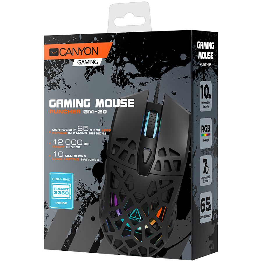 Puncher GM-20 High-end Gaming Mouse with 7 programmable buttons, Pixart 3360 optical sensor, 6 levels of DPI and up to 12000, 10 million times key life, 1.65m Ultraweave cable, Low friction with PTFE feet and colorful RGB lights, Black, size:126x67.5x39.5mm, 110g_4