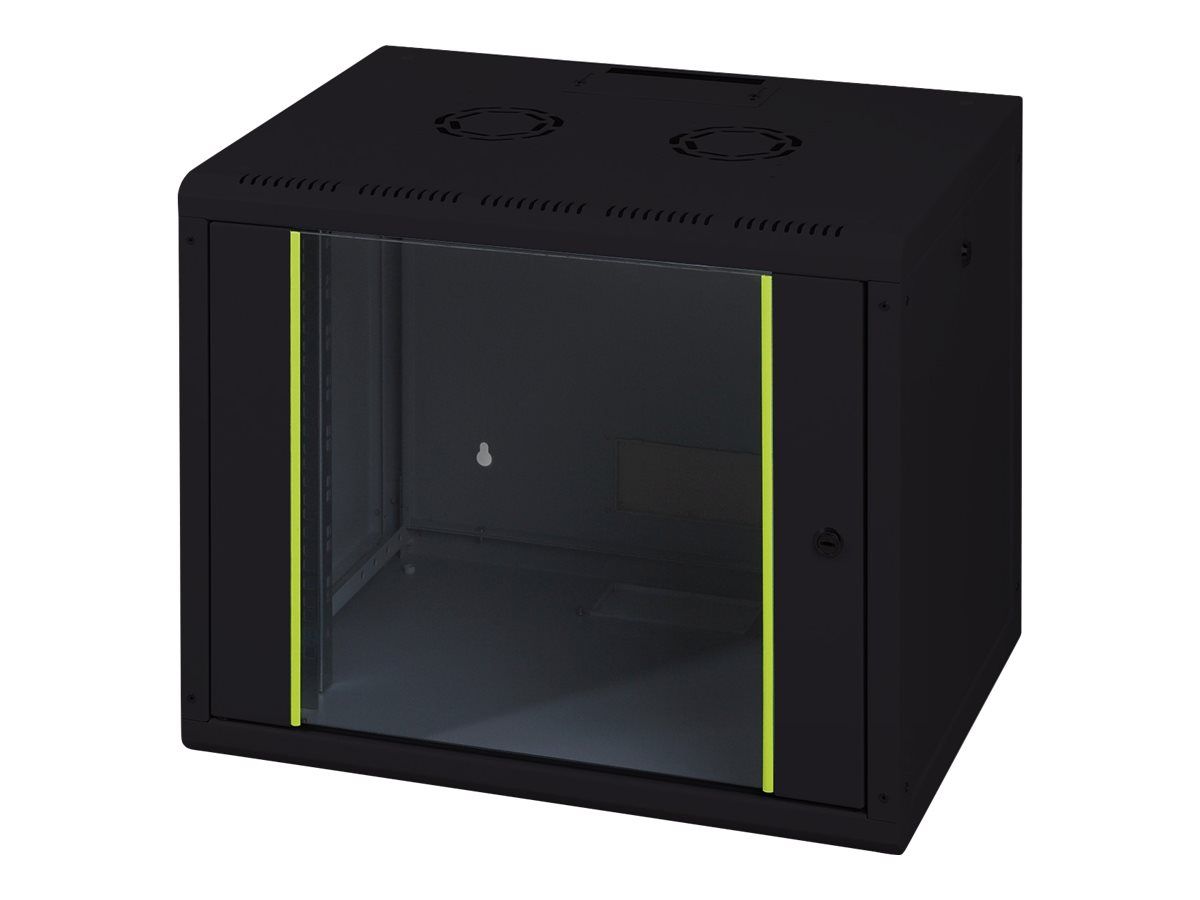 DIGITUS Wall Cabinet 19inch 12HE RAL9005 black without tray 624mmx600mmx450mm with glas door
