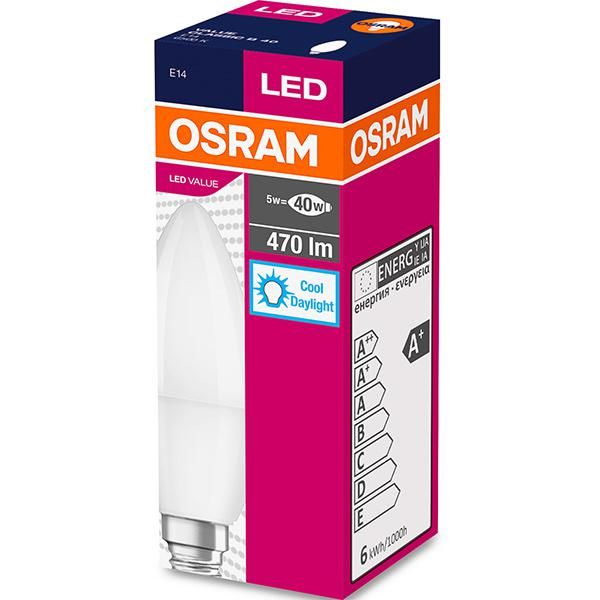 Bec Led Osram, LED VALUE CLASSIC B, E14, 5.5W (40W), lumina rece (6500K), 470 lumeni, 220-240V, durata de viata 15.000 ore, clasa energetica A+_1