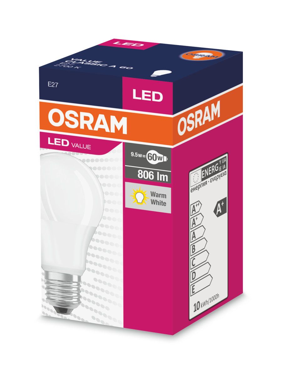 Bec Led Osram, LED VALUE CLASSIC A, E27, 8.5W (60W), lumina calda (2700K), 806 lumeni, 220-240V, durata de viata 15000 ore, clasa energetica A+_2