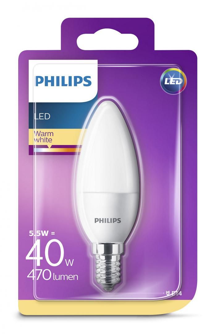 Bec LED Philips tip lumanare 5.5W (40W), E14, alb cald, fără intensitate variabilă, temperatura culoare 2700K, 470 lumeni, 220-240V, durata de viata 15.000 ore, clasa energetica A+_1
