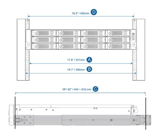 QNAP RAIL KIT Mounting, post width: 451 mm, panel width: 485 mm, mounting post depth: 443 - 815 mm, only compatible with 9.5 mm x 9.5 mm square-hole server racks._5