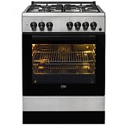  Aragaz Beko FSE62110DX, mixt, 4 arzatoare pe gaz, cuptor electric, High-Efficiency™ Gas Burner, gatire conventionala, grill electric, gatire asistata cu ventilatie, preincalzire rapida cu Booster, 2 tavi, aprindere electrica, siguranta flacara la plita, booster, timer, iluminare, capac din sticla