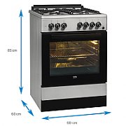  Aragaz Beko FSE62110DX, mixt, 4 arzatoare pe gaz, cuptor electric, High-Efficiency™ Gas Burner, gatire conventionala, grill electric, gatire asistata cu ventilatie, preincalzire rapida cu Booster, 2 tavi, aprindere electrica, siguranta flacara la plita, booster, timer, iluminare, capac din sticla