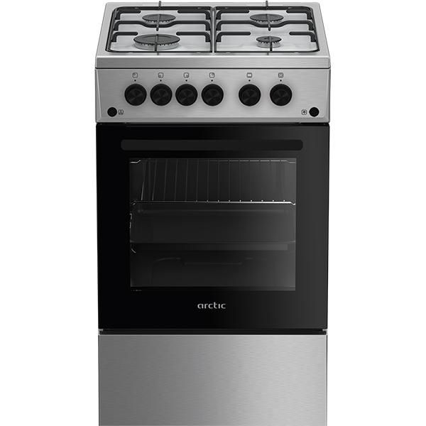Aragaz Arctic AGG5611DTTLX, 4 arzatoare pe gaz cu eficienta ridicata, cuptor pe gaz, sistem de siguranta Safety Plus, iluminare, rotisor, grill, aprindere electrica integrata, timer, capac din sticla, dimensiuni 85x50x60 cm, culoare inox