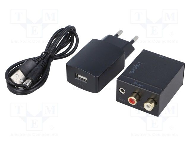 CONVERTOR audio LOGILINK, intrare: 1 x Toslink, 1 x Coaxial, iesire: 2 x RCA, 1 x 3.5mm jack, 24-bit, 96KHz, alimentator extern 5V / 1A, black, 