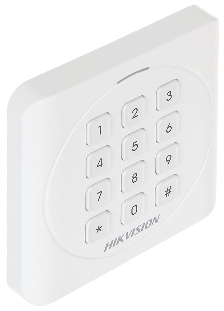 Cititor card cu tastatura Hikvision DS-K1801MK, citeste carduri MIFARE 13.56MHz, distanta citire: 50mm, comunicare: Wiegand 26/34 protocol, tastatura cu 12 butoane,  indicator LED de stare si alimentare alimentare: 12VDC, IP65, dimensiuni: 87×87×13.3mm