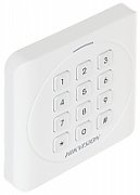 Cititor card cu tastatura Hikvision DS-K1801MK, citeste carduri MIFARE 13.56MHz, distanta citire: 50mm, comunicare: Wiegand 26/34 protocol, tastatura cu 12 butoane,  indicator LED de stare si alimentare alimentare: 12VDC, IP65, dimensiuni: 87×87×13.3mm
