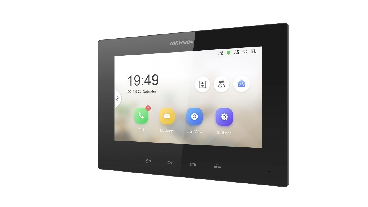 Monitor videointerfon 7 inch color Hikvision DS-KH6220-LE1, ecran TFT LCD 7-inch, rezolutie ecran: 1024 × 600, conexiune: 1 RJ-45 10/100 Mbps self-adaptive, POE IEEE802.3af, vizualizare live a posturilor de exterior sau a camerelor de supraveghere video, alimentare: 12 VDC/1 A si PoE, dimensiuni