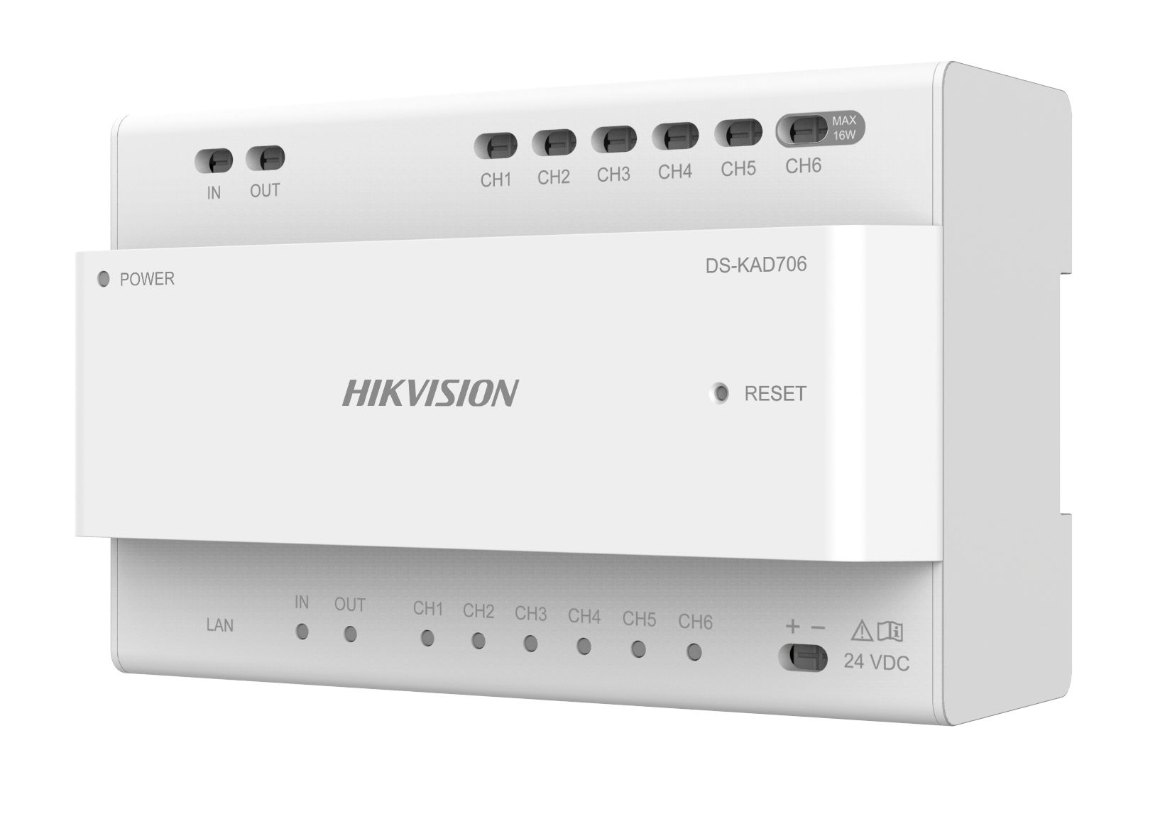 Distribuitor audio/video pentru sisteme de videointerfonie cu conexiune pe 2 fire Hikvision DS-KAD706, 6 canale de alimentare( include un canal cu putere maxima de 16W), interfata retea: 1, RJ45, alimentare 24 VDC_1
