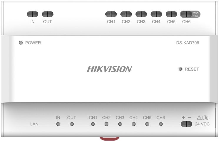 Distribuitor audio/video pentru sisteme de videointerfonie cu conexiune pe 2 fire Hikvision DS-KAD706, 6 canale de alimentare( include un canal cu putere maxima de 16W), interfata retea: 1, RJ45, alimentare 24 VDC_2