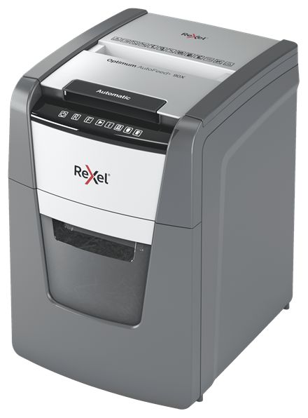 Distrugator automat documente Rexel OPTIMUM  90X ,  90 coli, P4, cross-cut (tip confeti), cos  34 litri, negru-gri, 