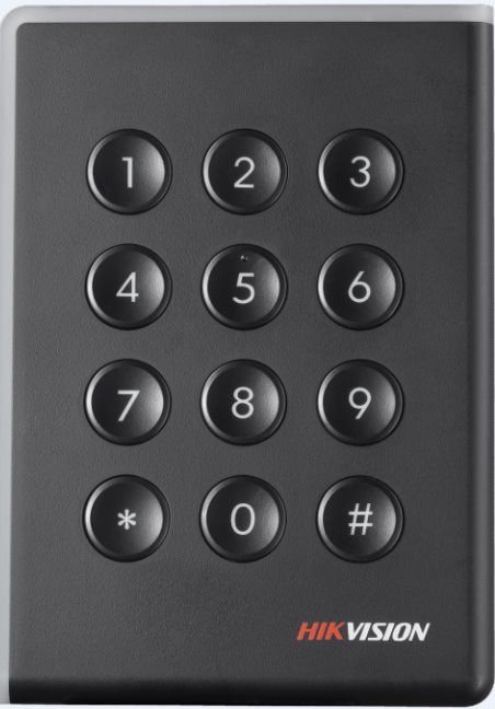 Cititor card cu tastatura Hikvision DS-K1108AMK, citeste carduri Mifare 13.56 MHz, distanta citire: ≤ 50 mm, comunicare: RS-485, Wiegand (W26, W34) si OSDP protocol, indicator LED de stare si alimentare, tamper, buzzer, alimentare 12VDC, IP65, dimensiuni: 123 mm × 88 mm × 21mm