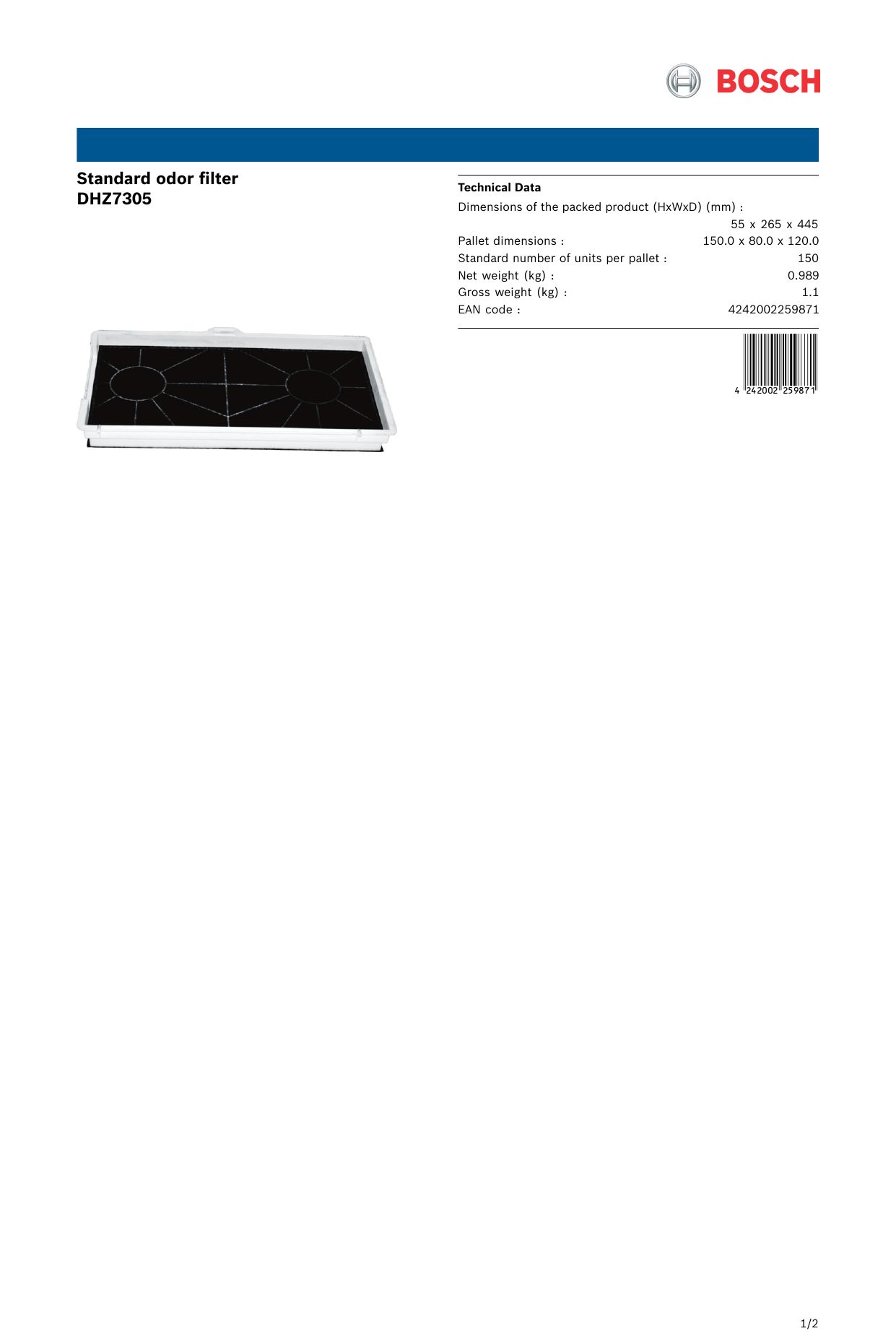 Bosch DHZ7305 cooker hood part/accessory