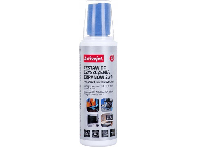 Screen cleaning kit 2in1 liquid 250 ml/20x20 cm Activejet AOC-269