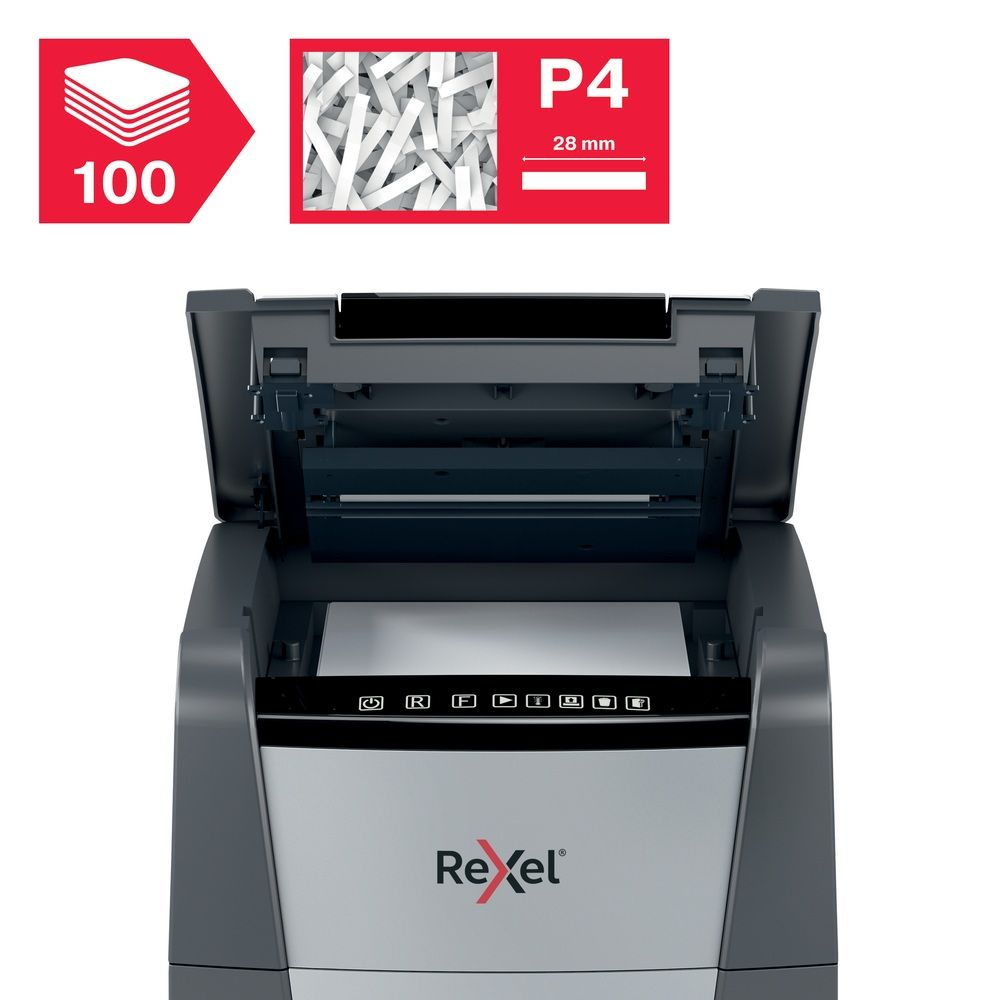 Rexel AutoFeed+ 100X automatic shredder, P-4, cuts confetti cut (4x28mm), 100 sheets, 34 litre bin_10