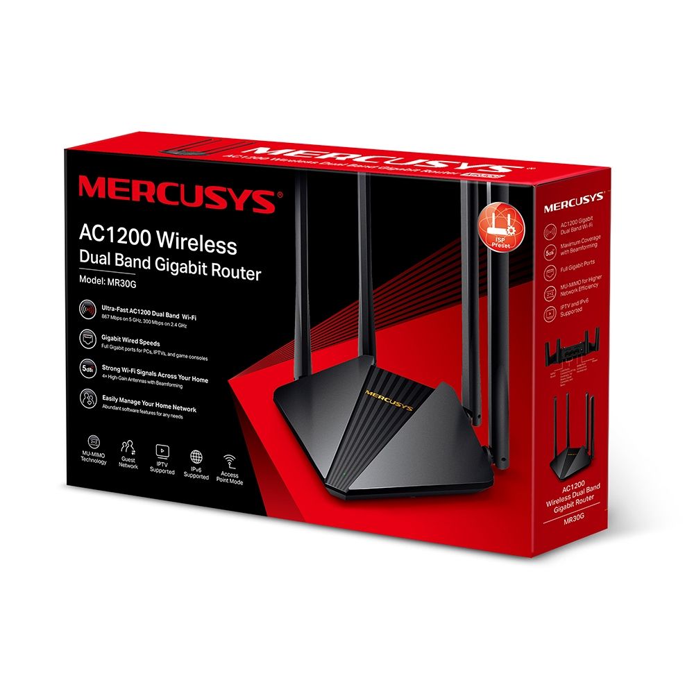 Router Wireless MERCUSYS MR30G, Dual-Band Gigabit AC1200, Wireless Standards: IEEE 802.11ac/n/a 5 GHz, IEEE 802.11b/g/n 2.4 GHz, WiFi Speeds:867 Mbps (5 GHz) + 300 Mbps (2.4 GHz), Router Mode, Access Point Mode, 1× Gigabit WAN Port + 2× Gigabit LAN Ports, 4× 5 dBi Fixed Omni- Directional Antennas._3