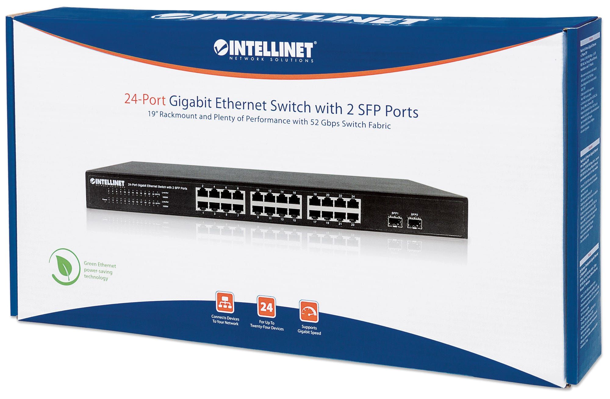 Intellinet 24-Port Gigabit Ethernet Switch with 2 SFP Ports, 24 x 10/100/1000 Mbps RJ45 Ports + 2 x SFP, IEEE 802.3az (Energy Efficient Ethernet), 19