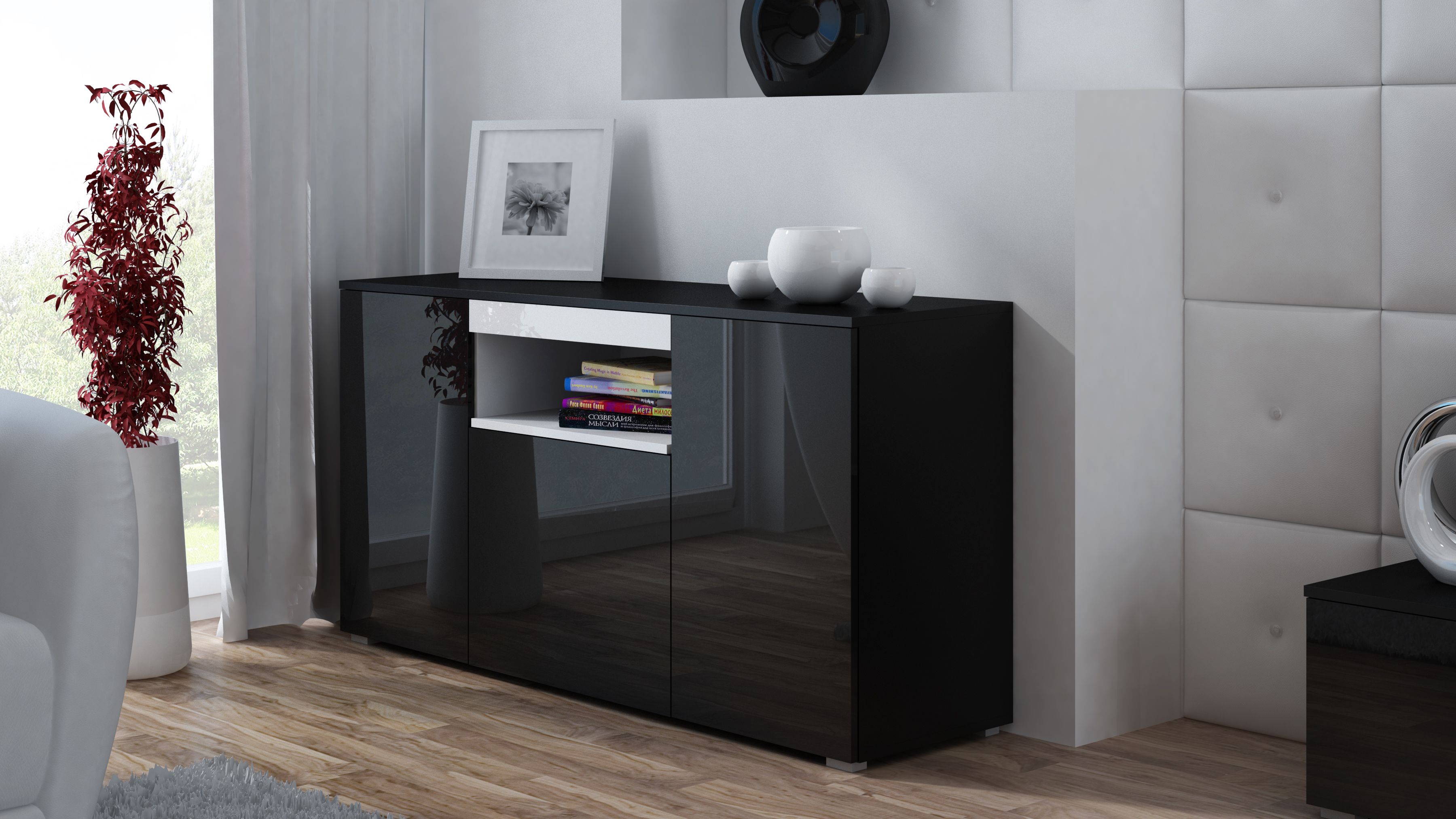 Cama sideboard VIVA 150 black/black gloss + white