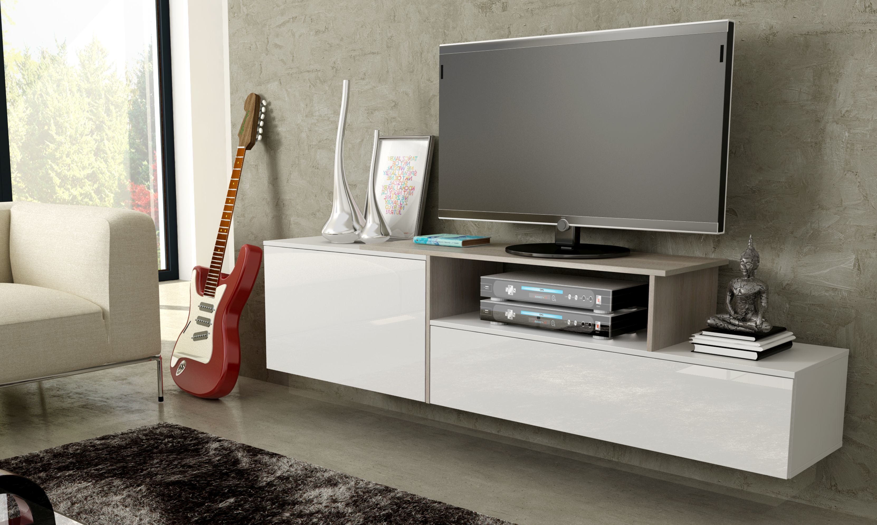 Cama TV cabinet SIGMA 3 180 white/white gloss + sonoma oak