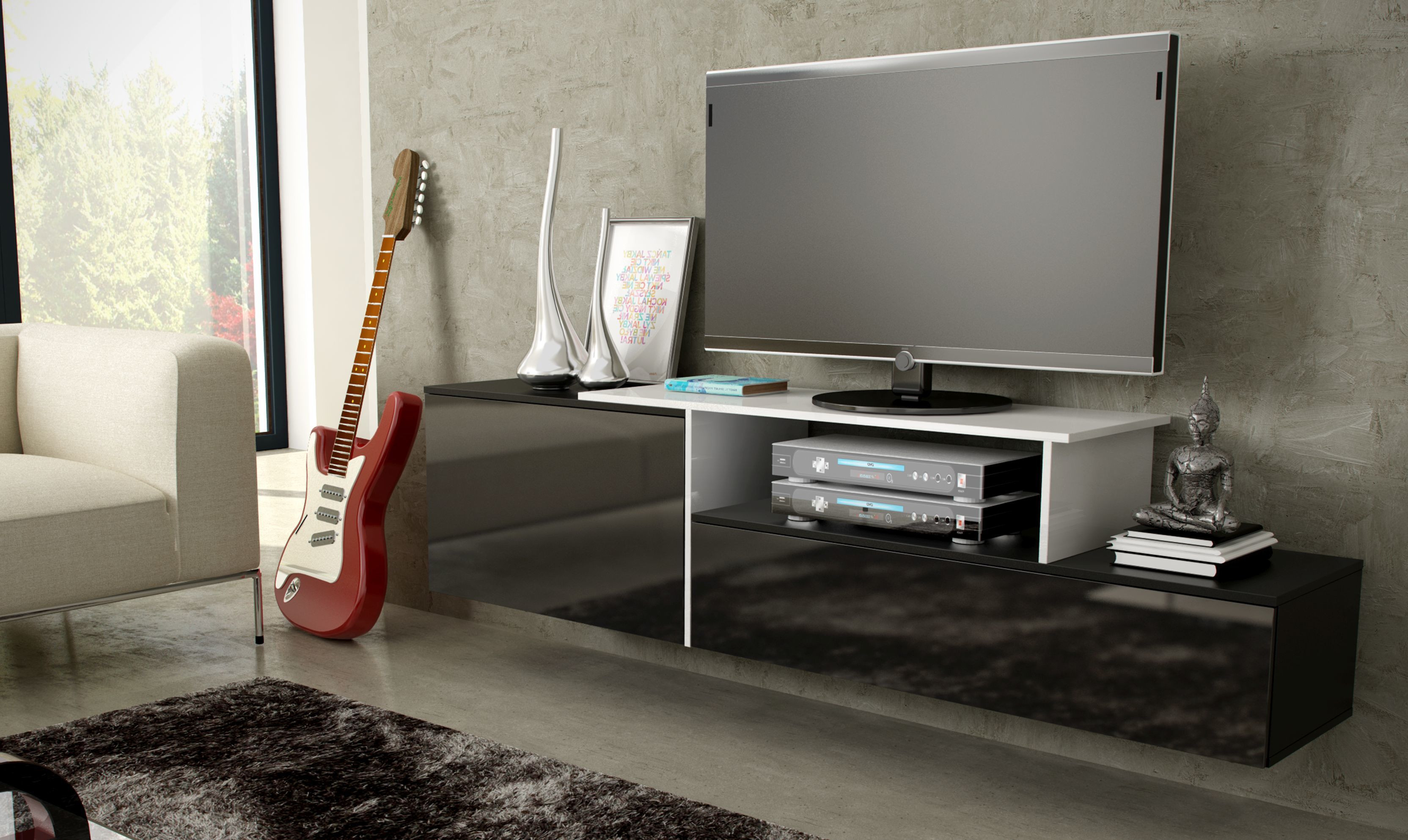 Cama TV cabinet SIGMA 3 180 black/black gloss + biały
