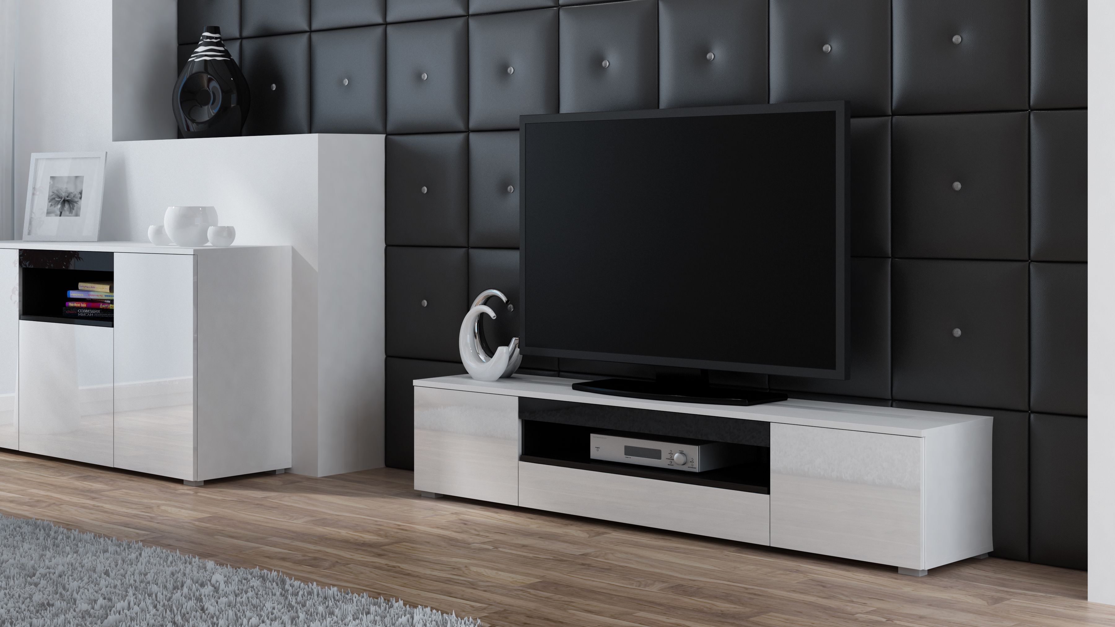 Cama TV stand VIVA 180 white/white gloss + black