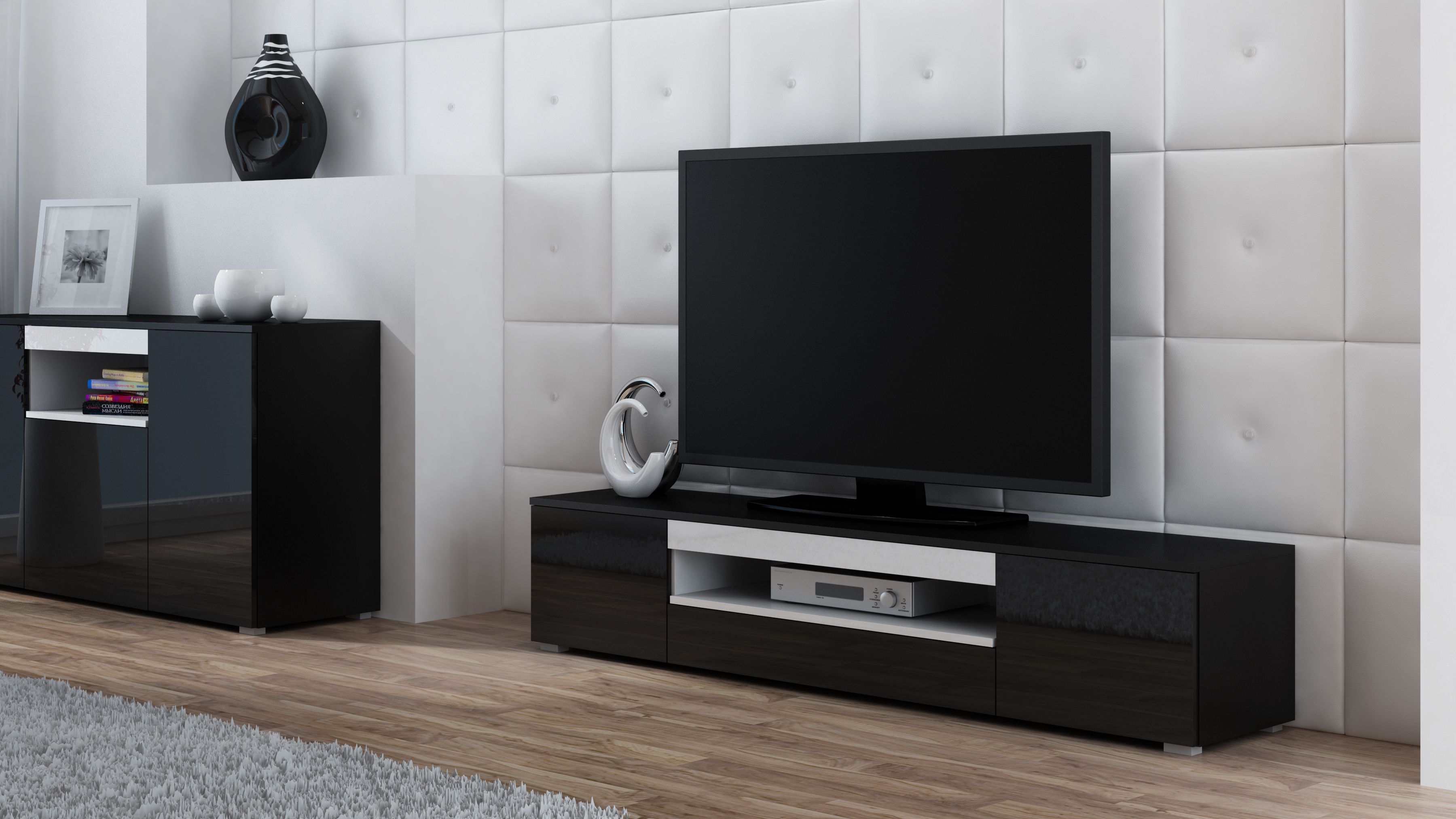 Cama TV stand VIVA 180 black/black gloss + white