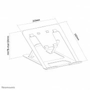 Neomounts by Newstar NSLS085BLACK foldable laptop stand for 10-17  laptops, tilt adjustable - Black  Specifications General Min. screen size*: 10 inch Max. screen size*: 17 inch Min. weight: 0 kg Max. weight: 5 kg Screens: 1 Desk mount: Stand  Functionality Type: Tilt Tilt (degrees): 36° Width: 22,3