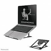 Neomounts by Newstar NSLS085BLACK foldable laptop stand for 10-17  laptops, tilt adjustable - Black  Specifications General Min. screen size*: 10 inch Max. screen size*: 17 inch Min. weight: 0 kg Max. weight: 5 kg Screens: 1 Desk mount: Stand  Functionality Type: Tilt Tilt (degrees): 36° Width: 22,3