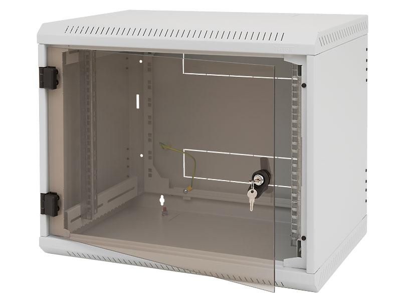 Rack de perete Triton sectiune simpla 15U 600mm adancime usa sticla panouri laterale detasabile, sectiuni acces cabluri sus/jos/spate securizare cu cheie, 1 pereche montanti reglabili, fabricat din tabla galvanizata IP30 gri
