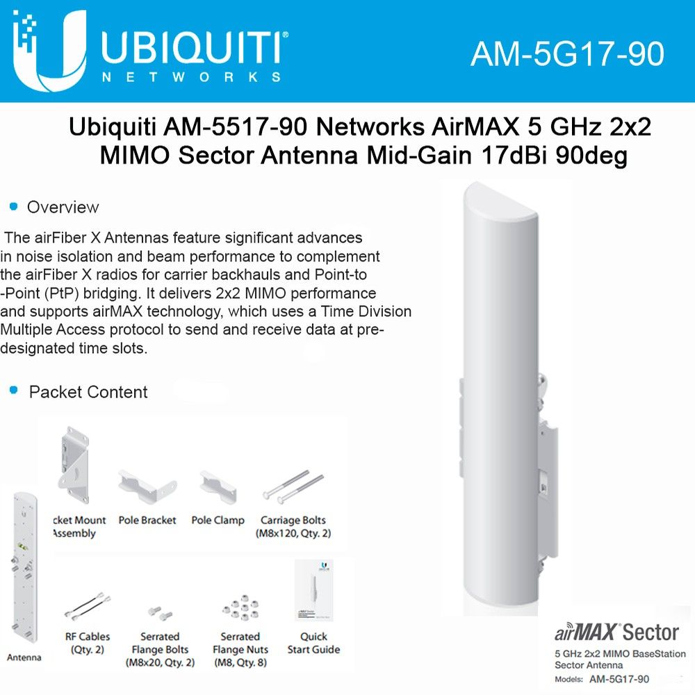 UBIQUITI AM-5G17-90 Ubiquiti AM-5G17 5GHz AirMax 2x2 MIMO Basestation Sector Antenna 17dBi, 90deg