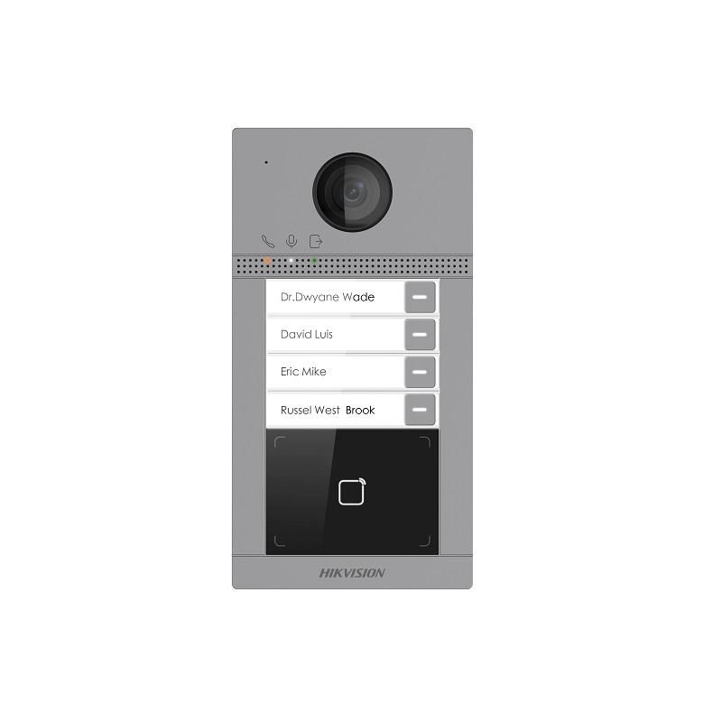 Videointerfon de exterior IP cu recunoastere faciala Hikvision DS- KD9203-E6, recunoaste pana la 5000 imagini faciale, 25000 carduri,10000 utilizatori, deschidere faciala (suporta anti-spoofing) si card, distanta recunoastere faciala 2metri, configurare remote via web, ecran 4.3-inch color LCD,