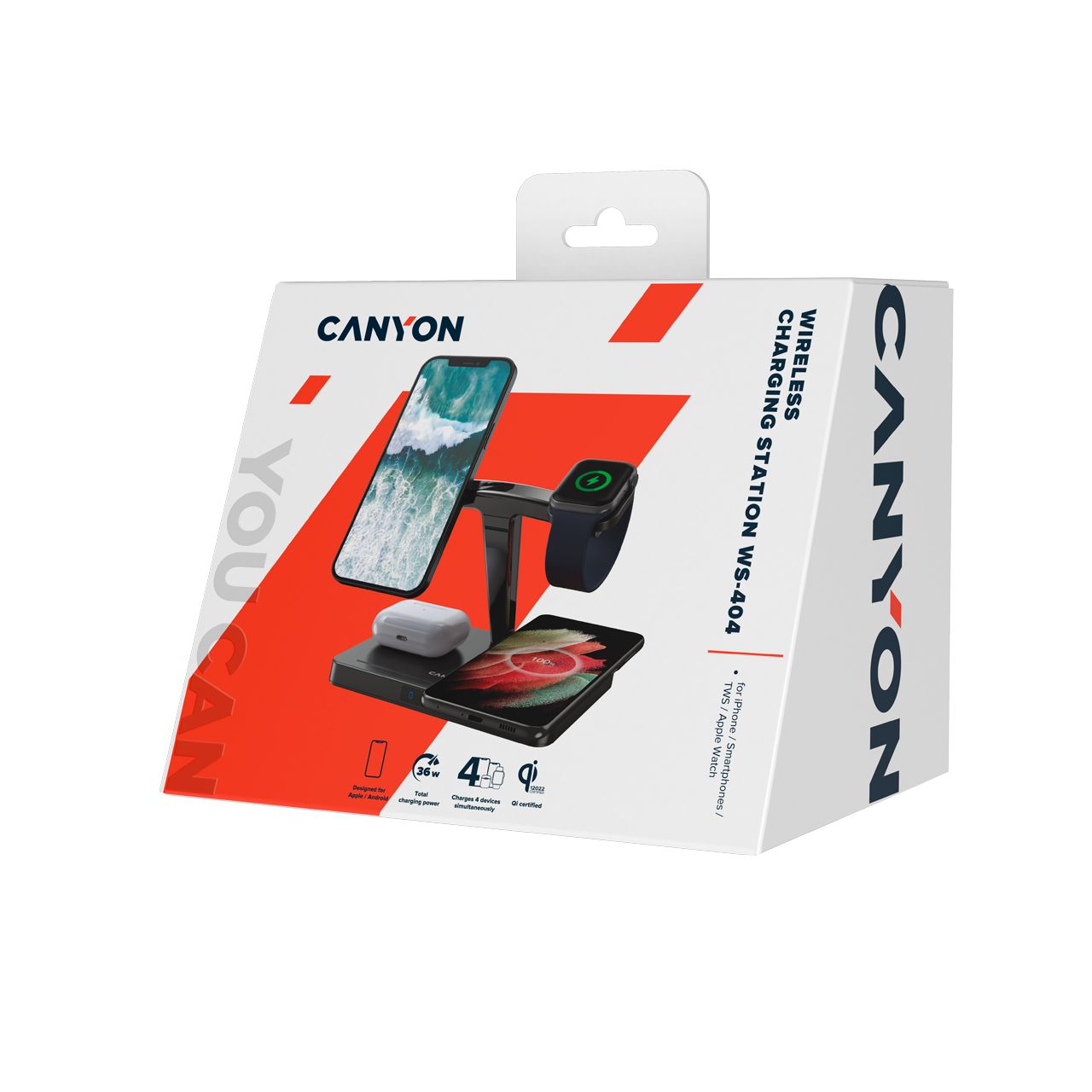 CANYON WS-404 4in1 Wireless charger, with input 12V3A DC Eu adapter , Output 15W/10W/7.5W/5W, 161*105*138mm, 0.510Kg, Black_2