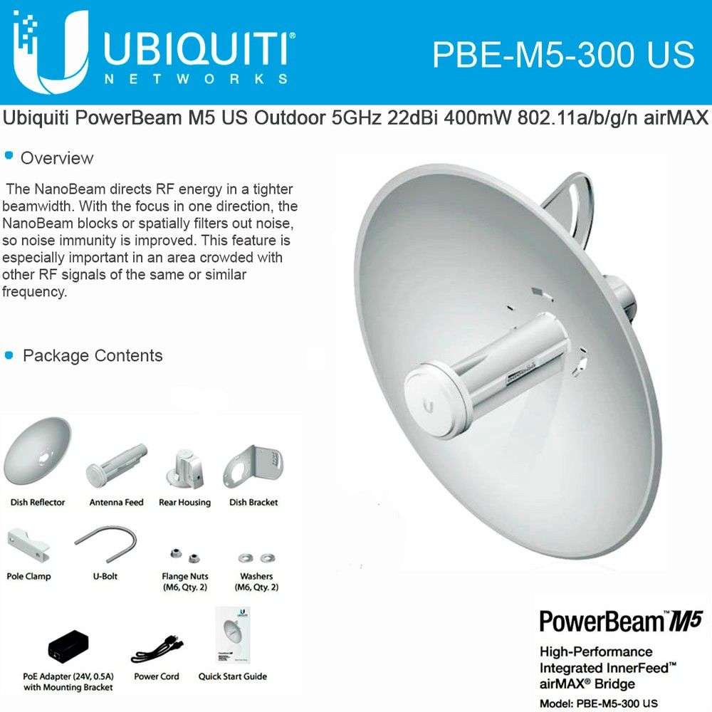 UBIQUITI PBE-M5-300 Ubiquiti PowerBeam M 22dBi 5GHz 802.11n MIMO 2x2 TDMA, 64MB RAM, PoE_1