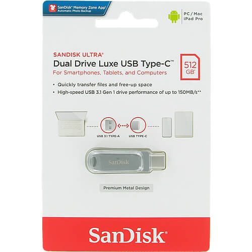 SanDisk Ultra Dual Drive Luxe USB flash drive 512 GB USB Type-A / USB Type-C 3.2 Gen 1 (3.1 Gen 1) Stainless steel